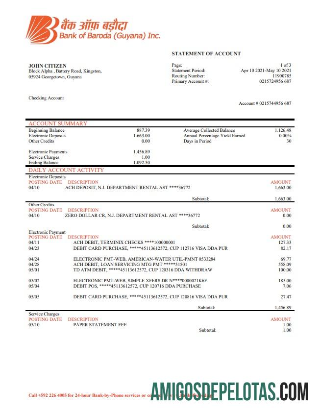 Guyana Bank Of Baroda Statement amostra